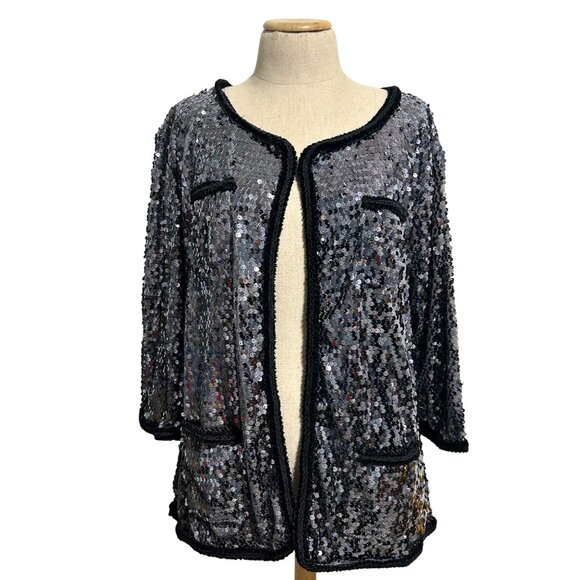 Iman Womens 1X Black & Silver Sequin Open Front Jacket 3/4 Sleeves Party Wear - Picture 1 of 9